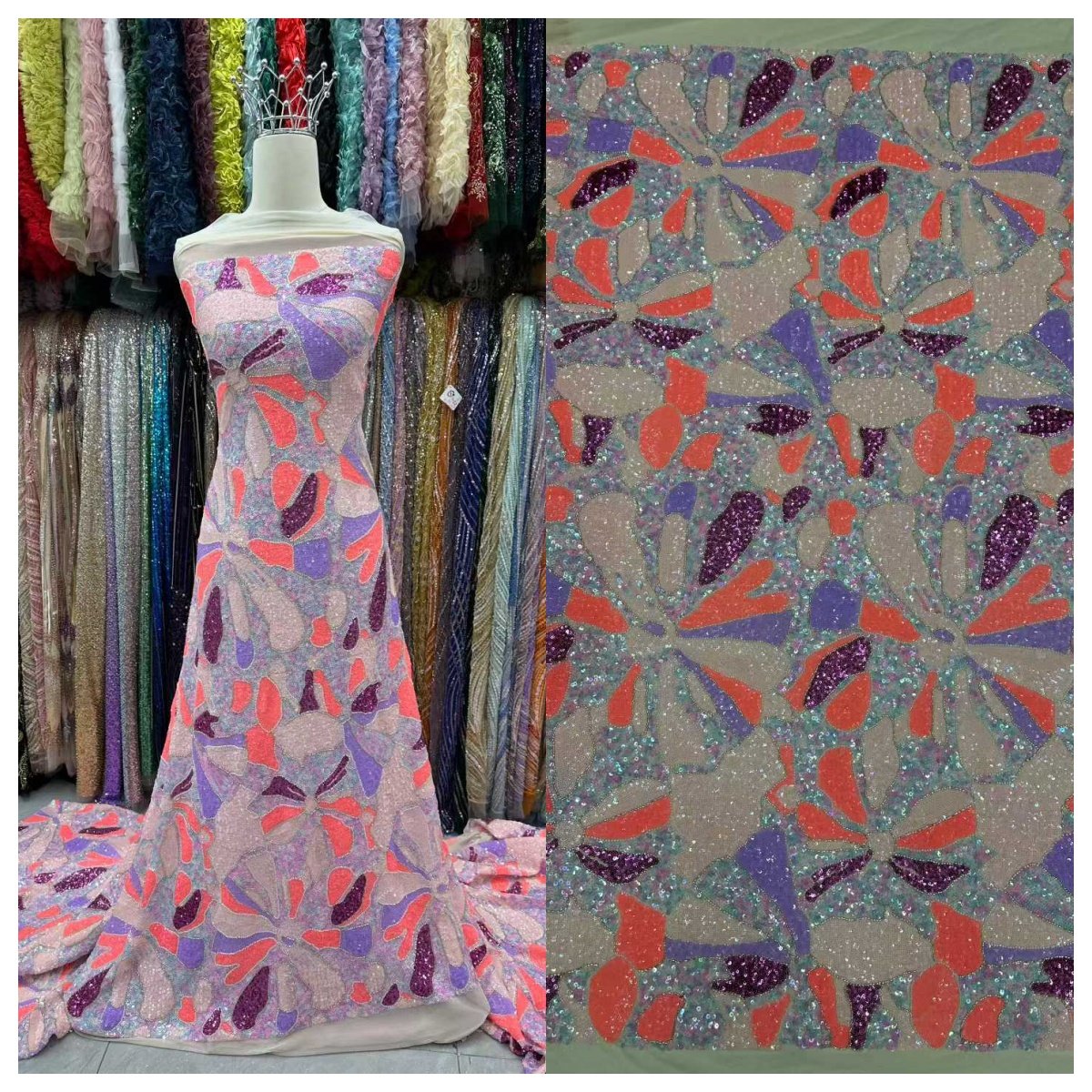 彩色几何图案亮片绣花面料婚纱礼服演出服装设计师布料厂家批发