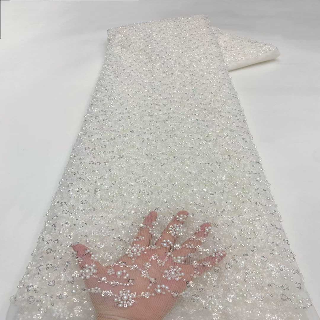 重工白色珠管绣亮片面料加密重工钉珠婚纱礼服连衣裙布料beads