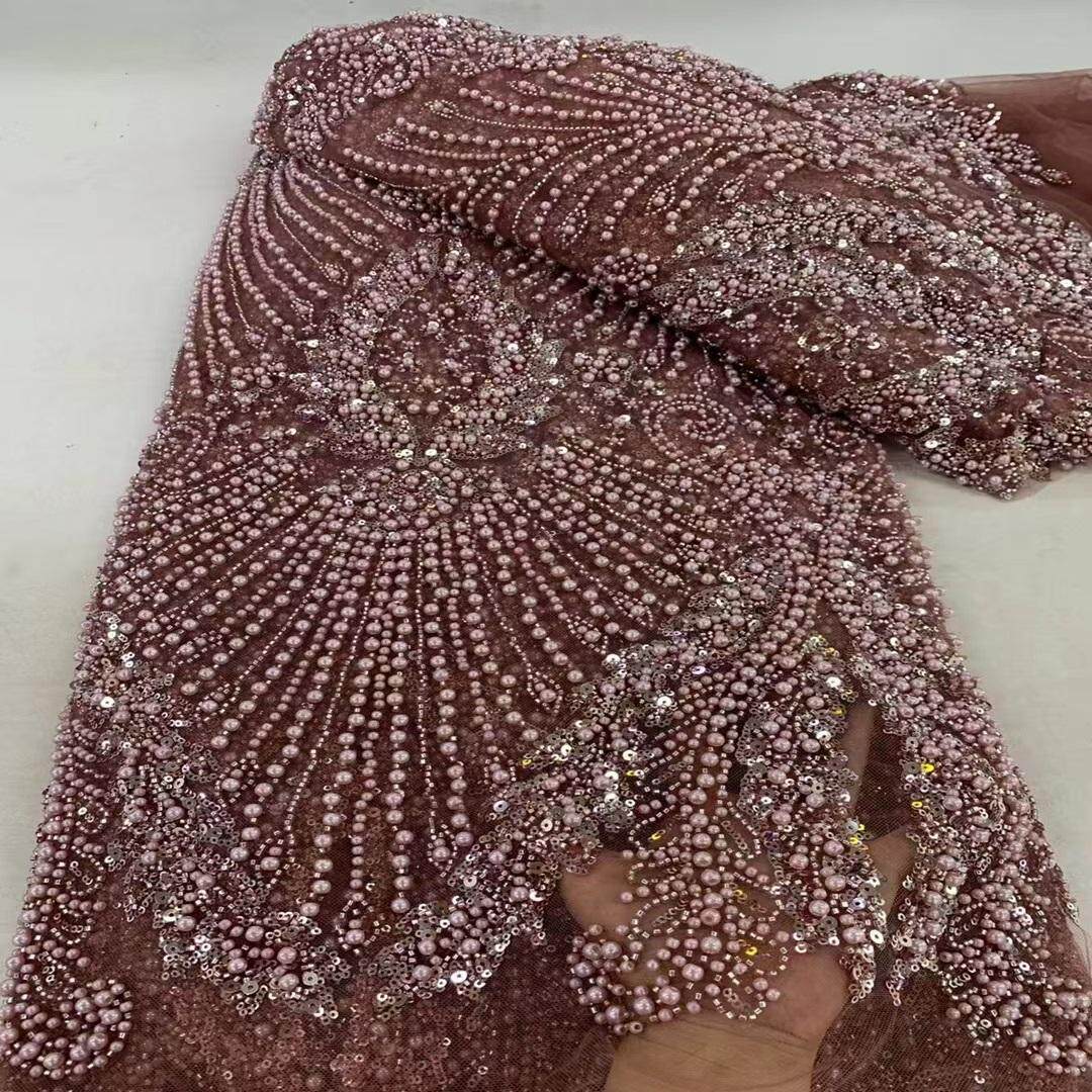 爆款重工珠管泡珠绣珠片绣面料华丽蕾丝网纱布料高雅时装礼服面料