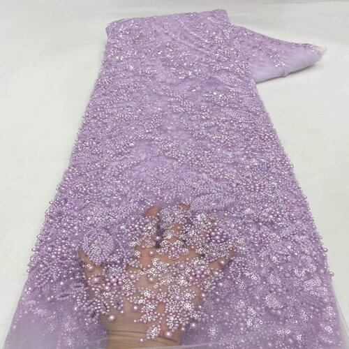 新款重工珠管亮片绣紫色网纱面料婚纱礼服高档刺绣布料beads lace
