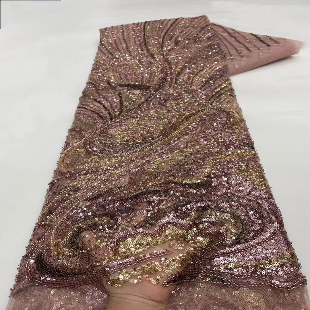 高档重工亮片刺绣网纱面料珠管绣花布料婚纱礼服时装设计师面料