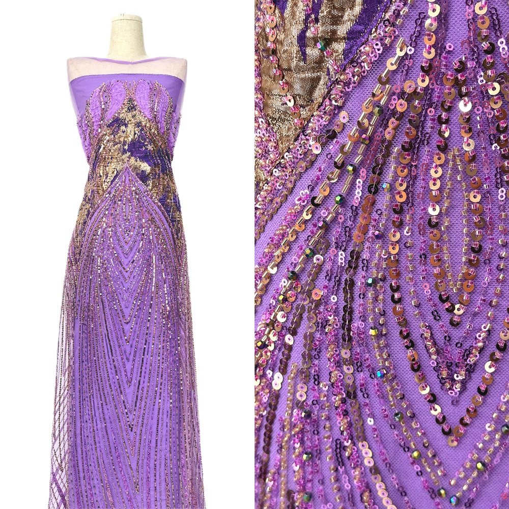 新款紫色亮片绣花面料珠管晚礼服婚纱演出服布料高端设计师面料