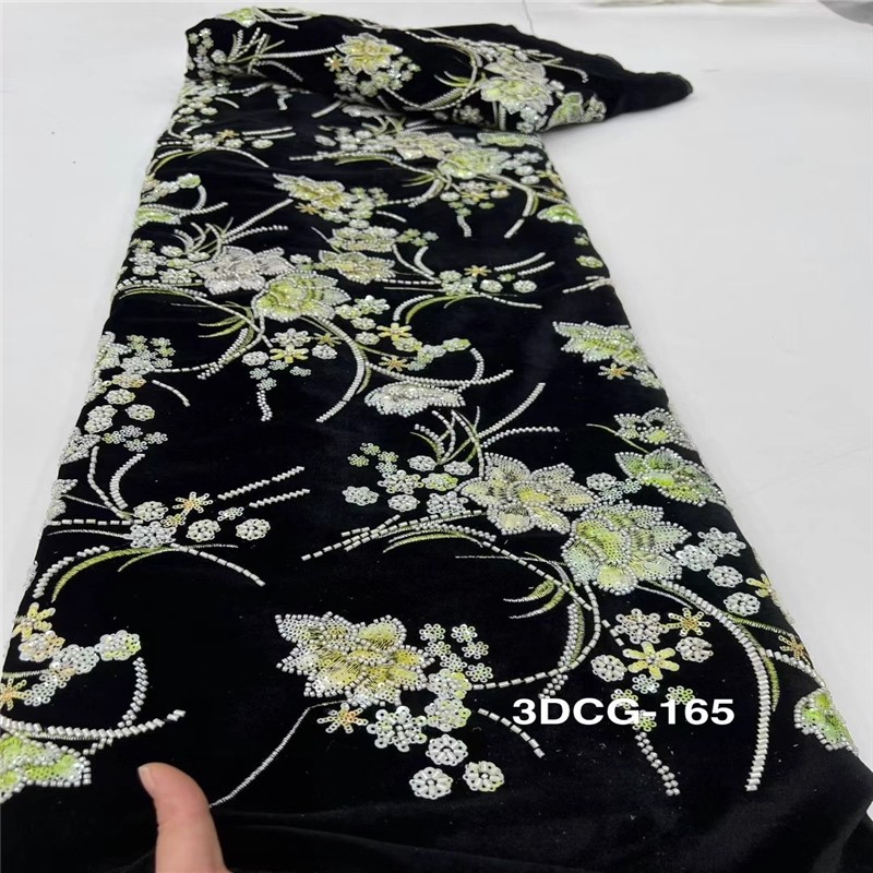 跨境新款黑色绒布底珠管绣亮片绣花布料礼服旗袍面料lace fabric