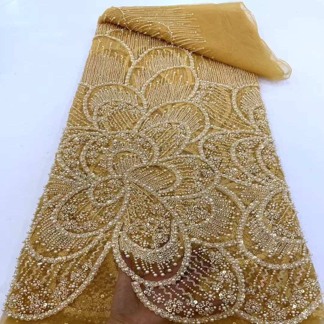 立体花型珠管亮片刺绣网纱蕾丝面料高档婚纱礼服连衣裙布料beads