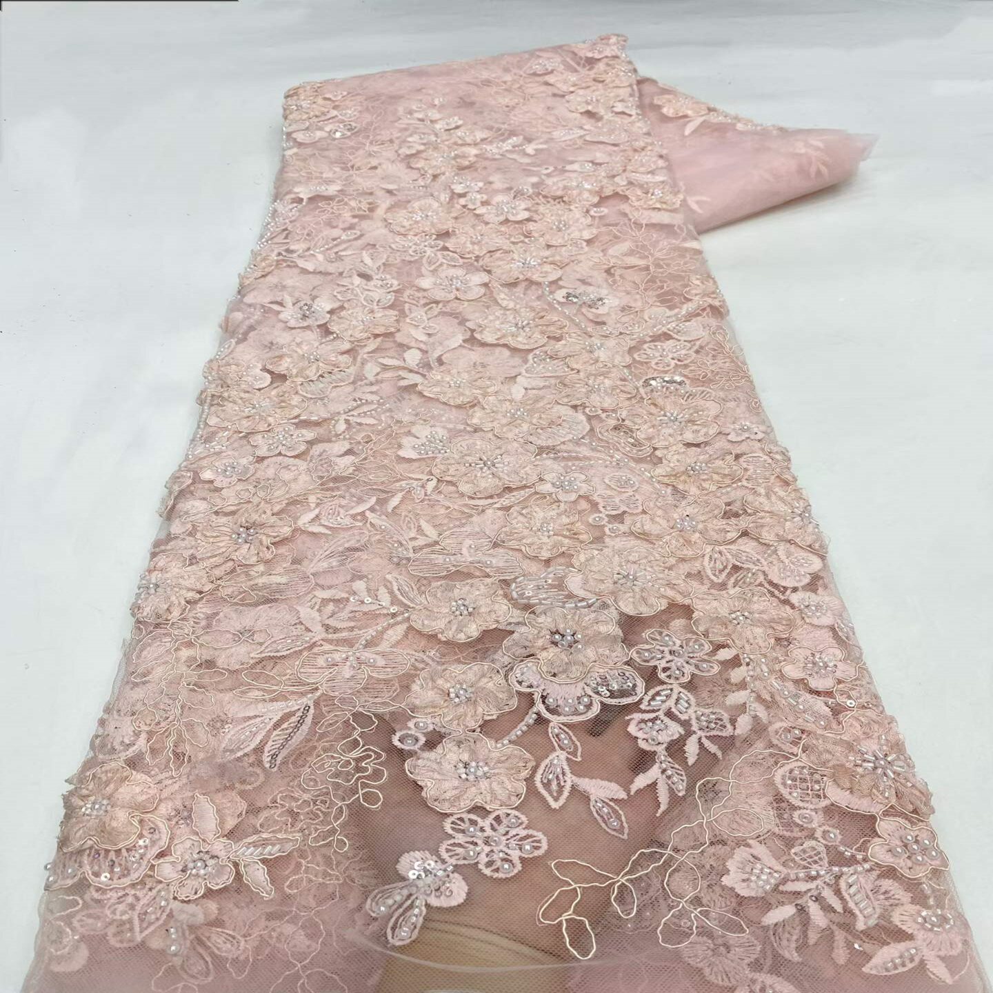 欧美新款高档珠管立体绣花网纱面料婚纱礼服连衣裙布料粉色蕾丝