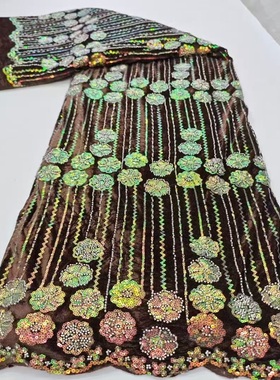 秋冬新款绒布底珠管亮片刺绣花布旗袍礼服舞台服布料5yards lace