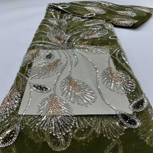 高档立体珠管绣花亮片面料珠片刺绣礼服裙布料网纱beads lace批发