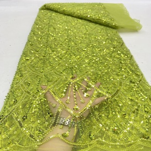 绿色重工珠管亮片泡珠网纱面料婚纱礼服蕾丝布料beads 批发 lace