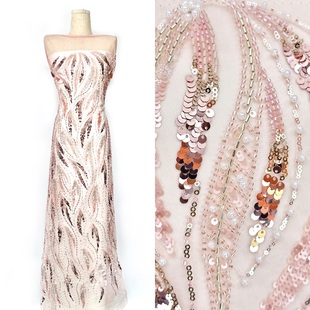 lace Wedding 新款 重工珠管亮片绣花网纱面料婚纱礼服设计师布料