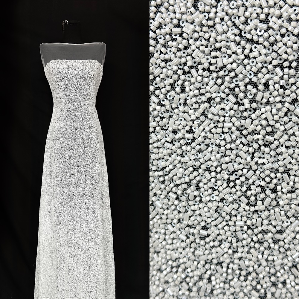 高端重工满幅珠子蕾丝面料白色网纱绣花布料婚纱礼服设计师面料