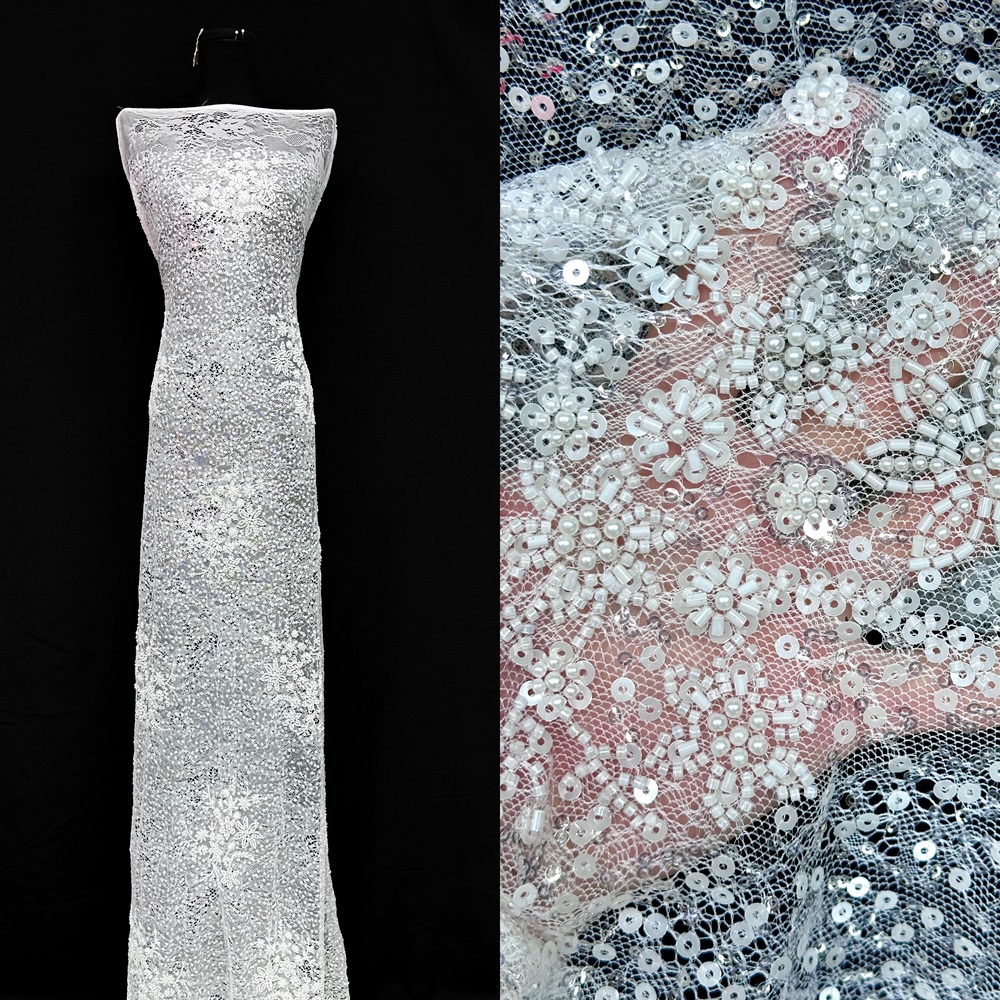 新款重工蕾丝网纱珠管亮片绣花面料婚纱礼服布料 Wedding lace
