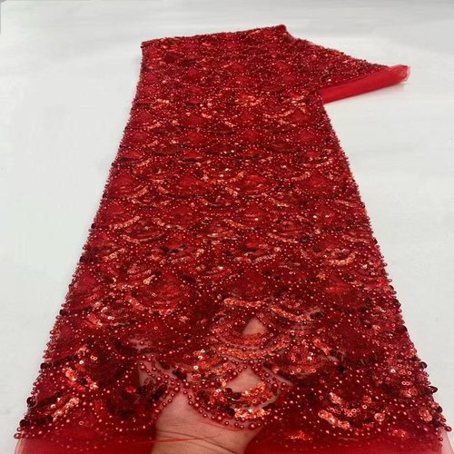 重工钉珠亮片刺绣网纱面料红色婚纱礼服服装布料蕾丝设计师布料
