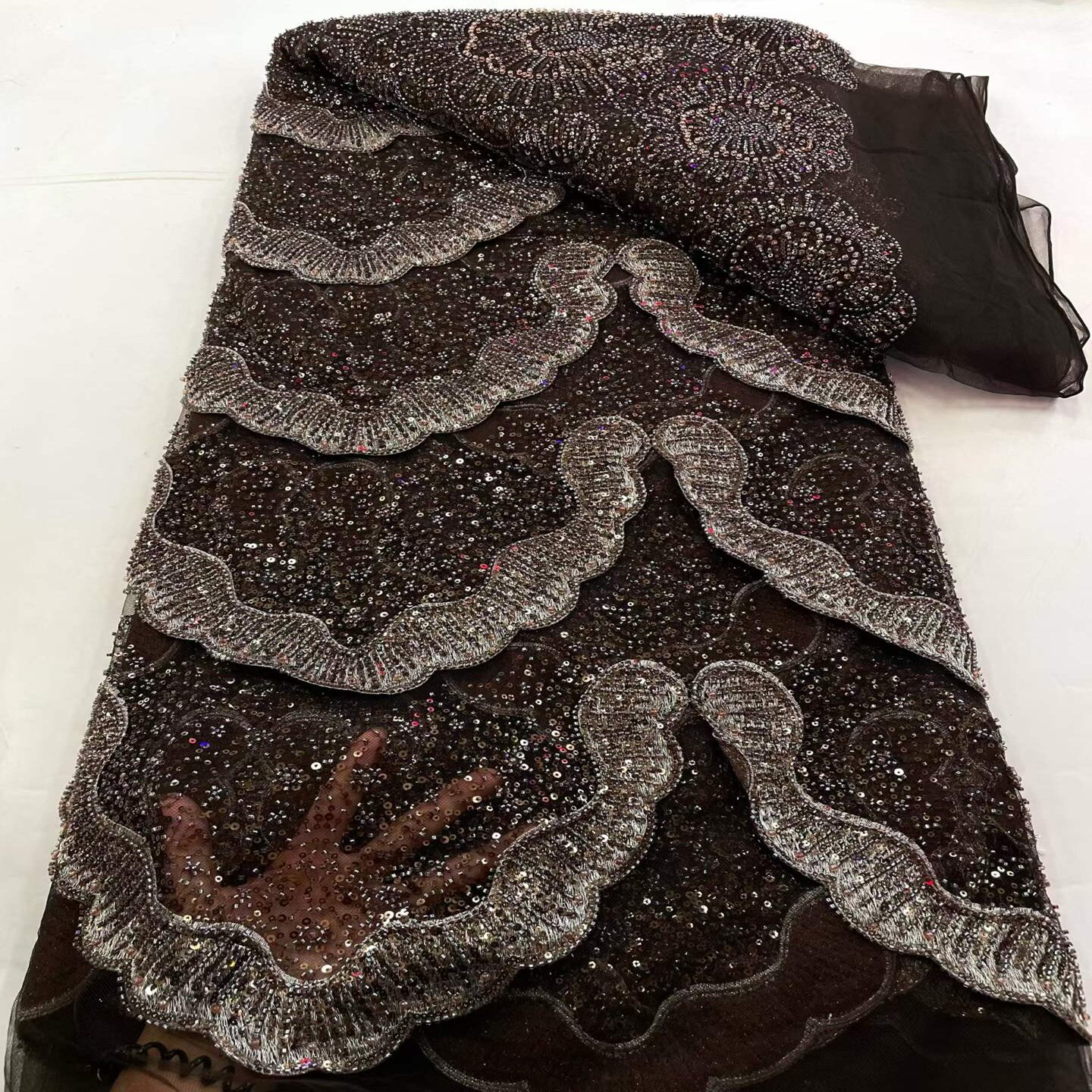 新款重工珠管绣亮片面料立体花纹婚纱礼服舞台服布料beads lace