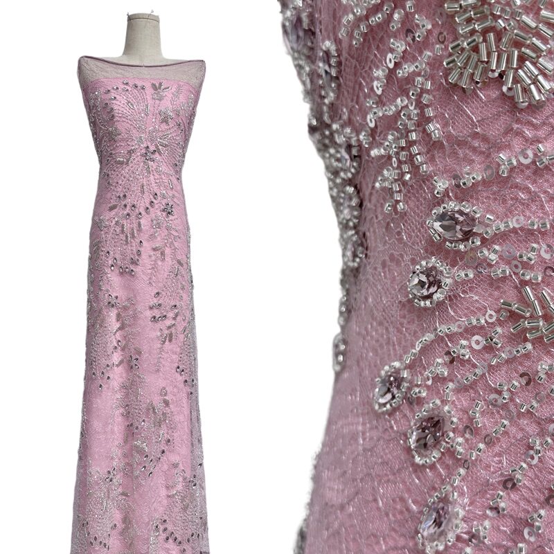 高端奢华满幅大颗粒烫钻珠管刺绣网布晚礼服连衣裙面料beads lace