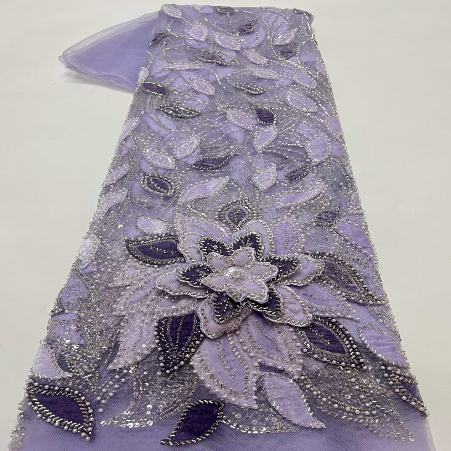 重工珠子亮片珠绣紫色立体花朵网纱面料婚纱礼服舞台服蕾丝布料