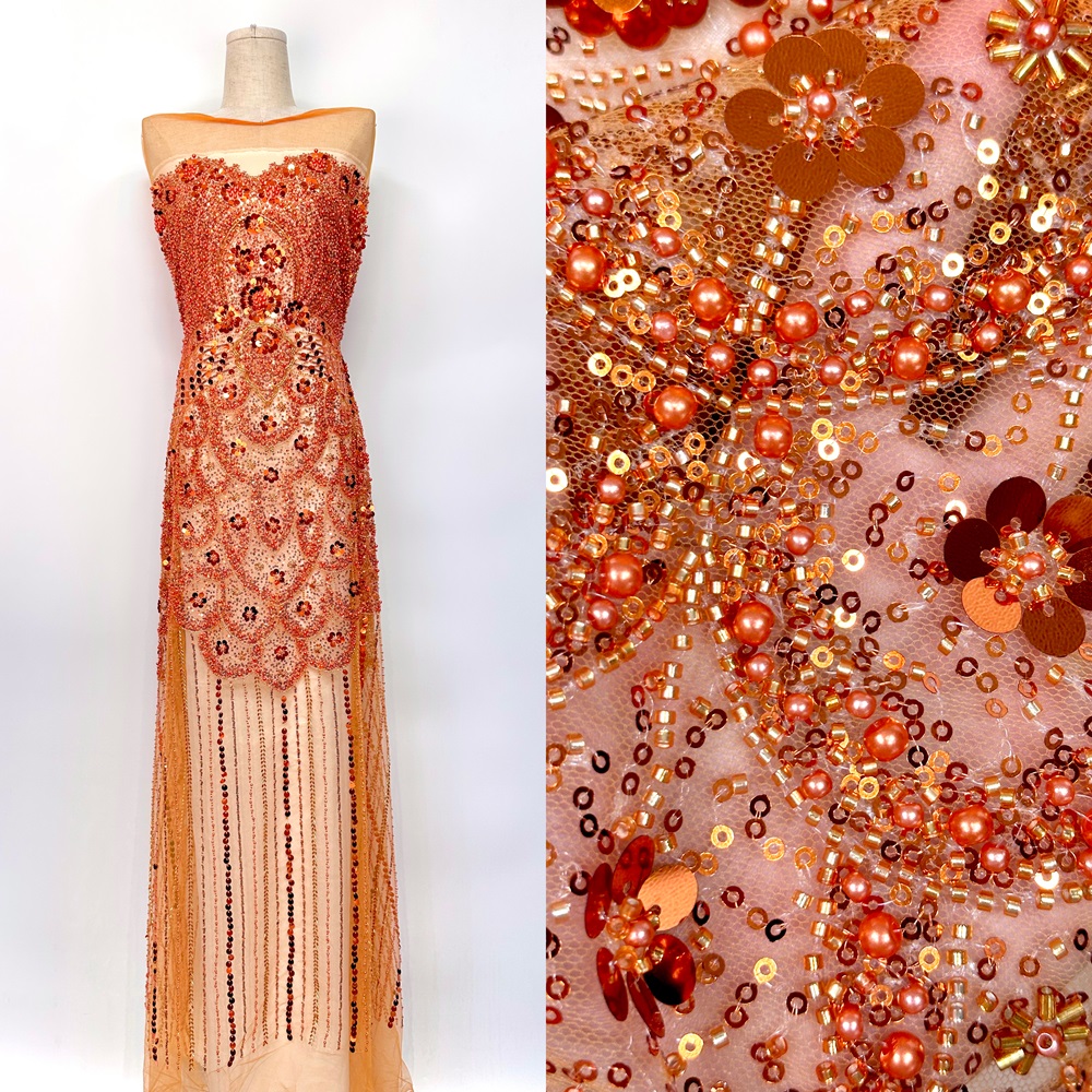 橙色高端珠管亮片刺绣网纱面料奢华婚纱礼服布料演出服beads lace