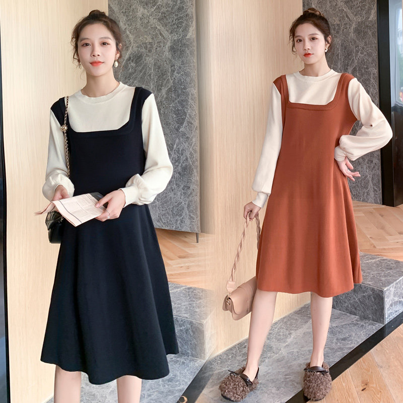 임산부의 가을 겨울 고급 스웨터 드레스 느슨한 가짜 투피스 스티치 유행 연령 감소 유행 어머니의 임산부 니트 드레스