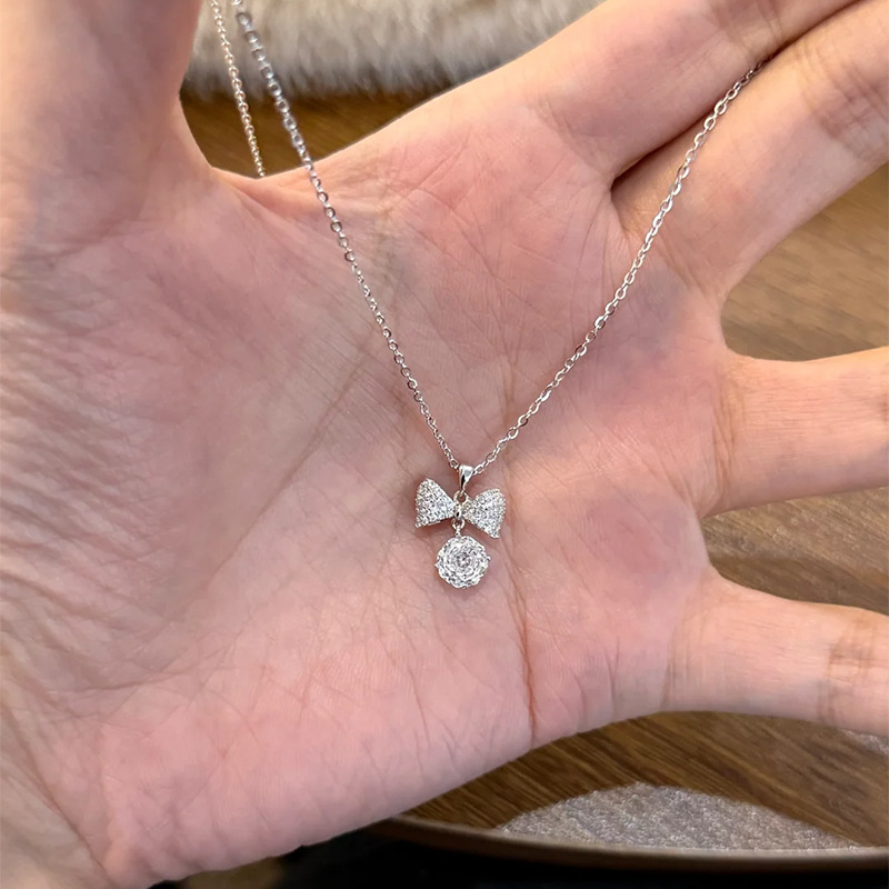 蒂奇S925纯银韩系甜美蝴蝶结玫瑰切项链女小众精致闪钻百搭锁骨链