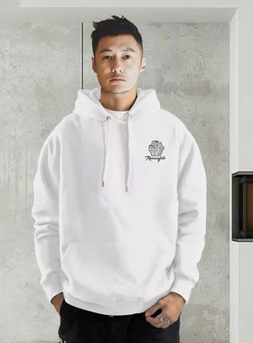 白色美式连帽卫衣男重磅高街时尚宽松春秋冬季加绒加厚青少年外套