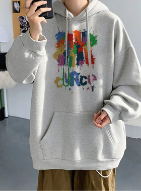 浅灰色连帽卫衣男秋冬季新款潮牌美式重磅宽松学生青少年情侣外套