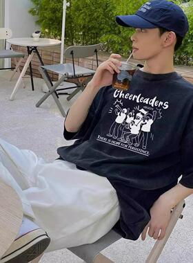 美式重磅黑色短袖男款夏季纯棉潮牌潮流t恤宽松休闲大码小众上衣