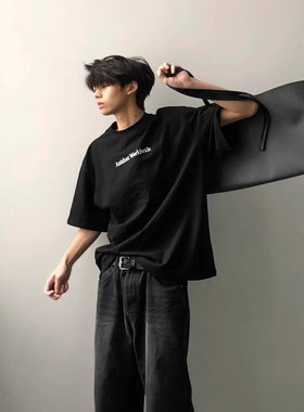 潮牌黑色字母短袖t恤男纯棉重磅245G夏季新款美式休闲半袖上衣ins