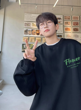 美式黑色休闲帅气圆领卫衣男生秋冬加绒加厚潮牌百搭休闲长袖外套