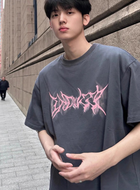 深灰色欧美式潮牌短袖t恤男生重磅纯棉夏季2025新款青少年上衣ins