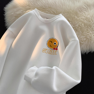 秋冬季圆领白色卫衣男孩初中高中学生潮流帅气青少年加绒加厚上衣