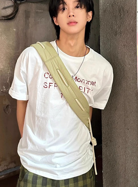 白色美式字母印花t恤男生短袖潮牌夏季2025新款重磅纯棉宽松上衣