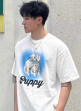 白色小狗图案t恤女男女同款短袖夏季宽松245g纯棉重磅潮牌上衣服