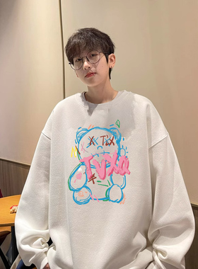 白色高街圆领卫衣男秋冬新款潮牌宽松高中学生休闲加绒加厚上衣服