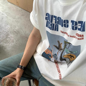 复古风景印花纯棉短袖 t恤男士 夏季 美式 宽松潮牌重磅半袖 白色上衣