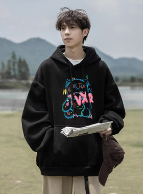 黑色美式潮牌卡通印花连帽卫衣男女秋冬季加绒2025新款宽松外套