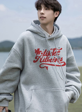 美式潮牌重磅纯棉浅灰色卫衣男生秋冬2024新款加绒加厚日系连帽衫