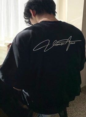 美式黑色潮牌短袖t恤男生夏季小众设计感休闲重磅纯棉青少年上衣