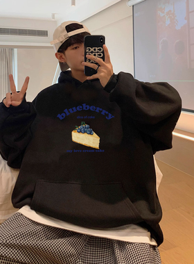 黑色小众卫衣男士秋冬季新款潮牌美式重磅宽松加绒连帽衫情侣外套