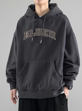 美式复古深灰色卫衣男秋冬季潮牌宽松百搭vintage连帽衫外套上衣