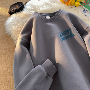 秋冬季纯棉圆领卫衣男款潮牌小众印花宽松百搭青少年休闲加绒上衣