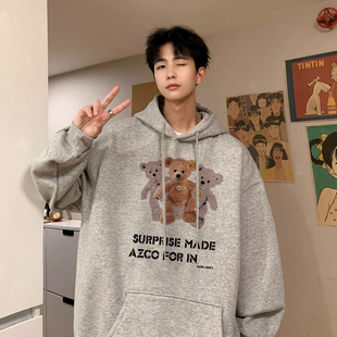 100%纯棉高街小熊印花美式男款秋冬宽松情侣潮牌重磅加绒连帽卫衣