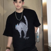 t恤男生夏季 国潮牌美式 炸毛猫咪印花短袖 纯棉重磅宽松上衣TEE