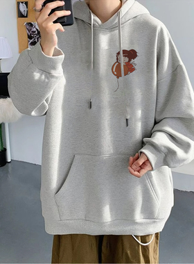 美式重磅浅灰色情侣款卫衣男秋冬季加绒加厚外套新款潮牌连帽上衣