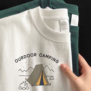 体恤圆领上衣 T恤男245g重磅纯棉宽松半袖 美式 复古露营印花短袖