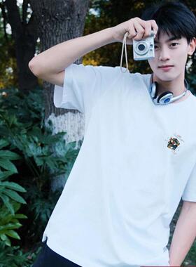 白色纯棉美式短袖t恤男百搭宽松设计感小众男士上衣夏季重磅潮牌