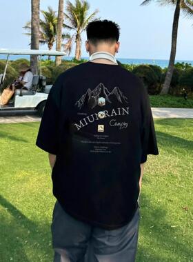 小众设计感重磅纯棉短袖t恤男美式重磅半袖体恤黑色宽松上衣夏季