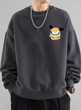 深灰色重磅纯棉无帽圆领卫衣男士秋冬新款美式复古青少年加绒上衣