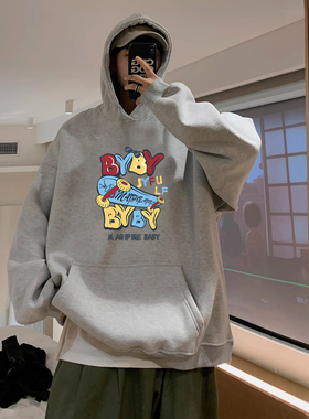 浅灰色重磅卫衣男士秋冬季2024新款美式潮牌高街宽松休闲连帽上衣