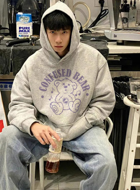 浅灰色美式高街连帽卫衣男秋冬款100%纯棉宽松男生高级感加绒外套