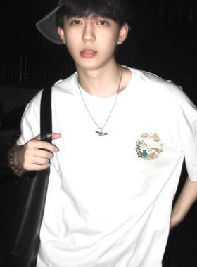 国潮设计感白色纯棉短袖t恤男夏季重磅宽松半袖体恤美式潮牌上衣