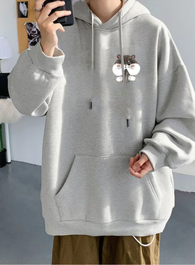 美式高街连帽长袖卫衣男生秋冬潮牌印花重磅浅灰色青少年痞帅上衣